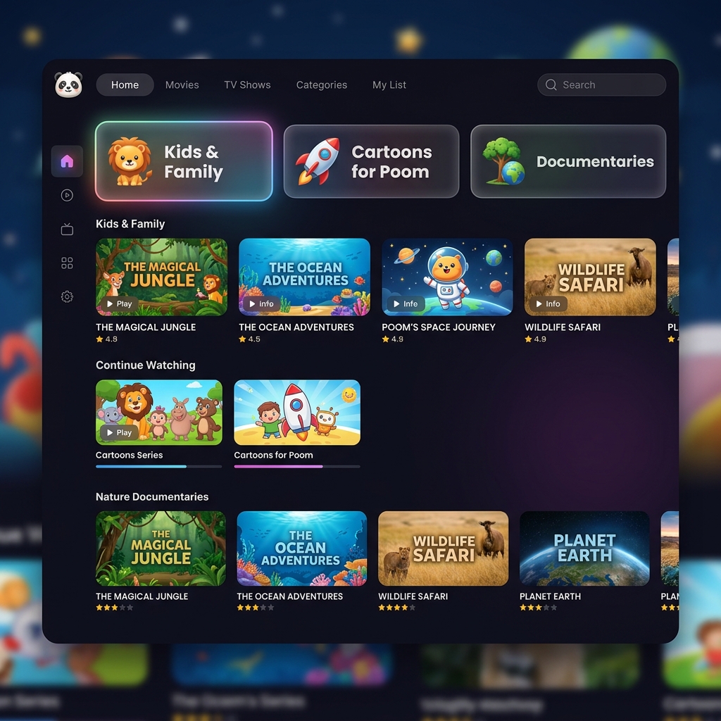 UFlix UI showing a cleanly organized Kids & Family category with no ads