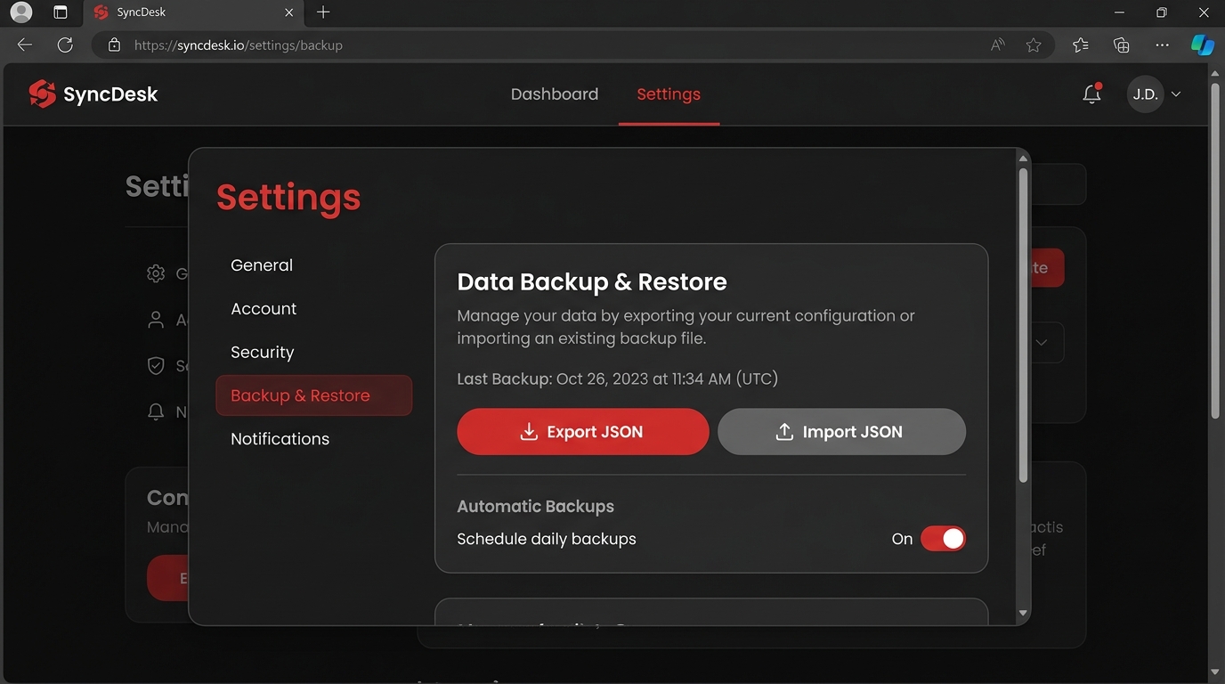 Export and Import JSON Buttons in Settings
